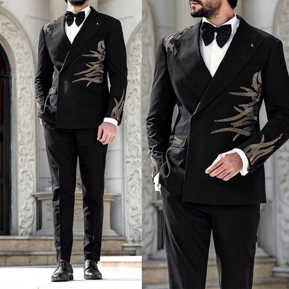 sanyamk Black Handsome Business Men Suits With Beads Handmade Two Pieces Jacket Pants Custom Made Designer Wedding Formal Occasion