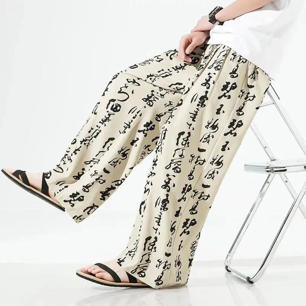 Bonsir Men Chinese Style Printed Characters Wide Leg Pants Summer Fashion Sports Baggy Tide Trousers Darkwear Letter Streetwear Unisex