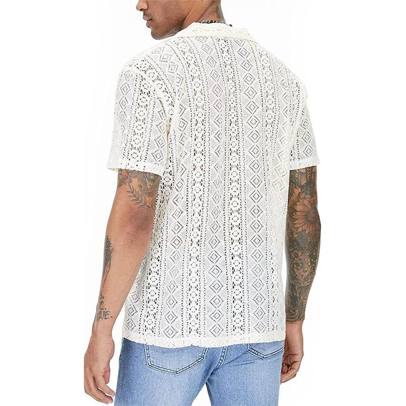 Bonsir Casual Solid Color Loose Shirts Men Fashion Pattern Embroidery Shirt Summer Short Sleeve Button Lapel Tops Mens Streetwear