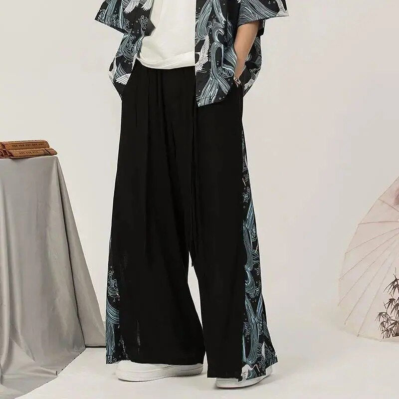 sanyamk Cotton Linen Wide Leg Pants Mens Chinese Style Patchwork Vintage Man Leisure Trousers Summer Harem Pants Male Fashion Pants