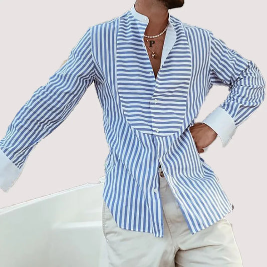 sanyamk Mens Loose Shirts Irregular Stripe Stitching Long Sleeve Stand Collar  Leisure Shirt Spring Casual Cardigan Tops Men Clothing