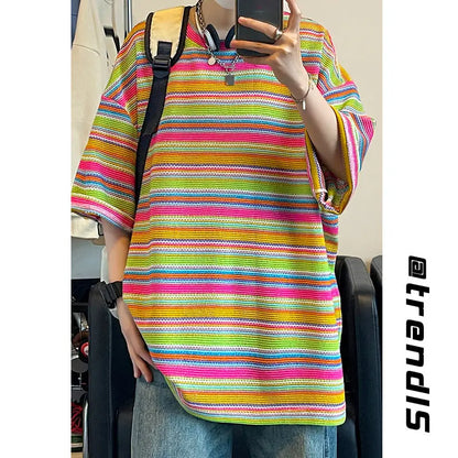 Bonsir American Men and Women Summer Personalized Waffle Stripe Rainbow Round Neck Short Sleeve Loose Hip Hop Casual T-shirt Top