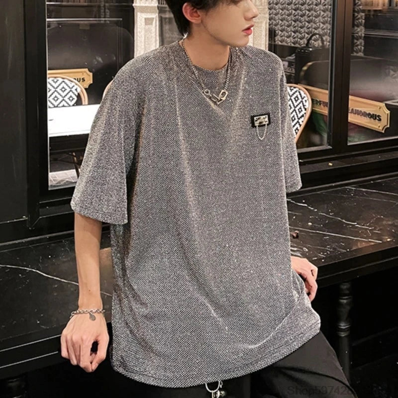 Bonsir New Summer Stylish Bright TShirt Men Tops Shiny Loose Short Sleeve T-shirt High Street Aesthetic Harajuku Women Tshirt