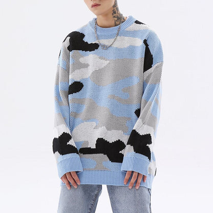 sanyamk Original Cow Texture Spliced Casual Winter Men's Clothes Round Neck Pullover Knit Oversize Retro Couple Sweater Loose Streetwear