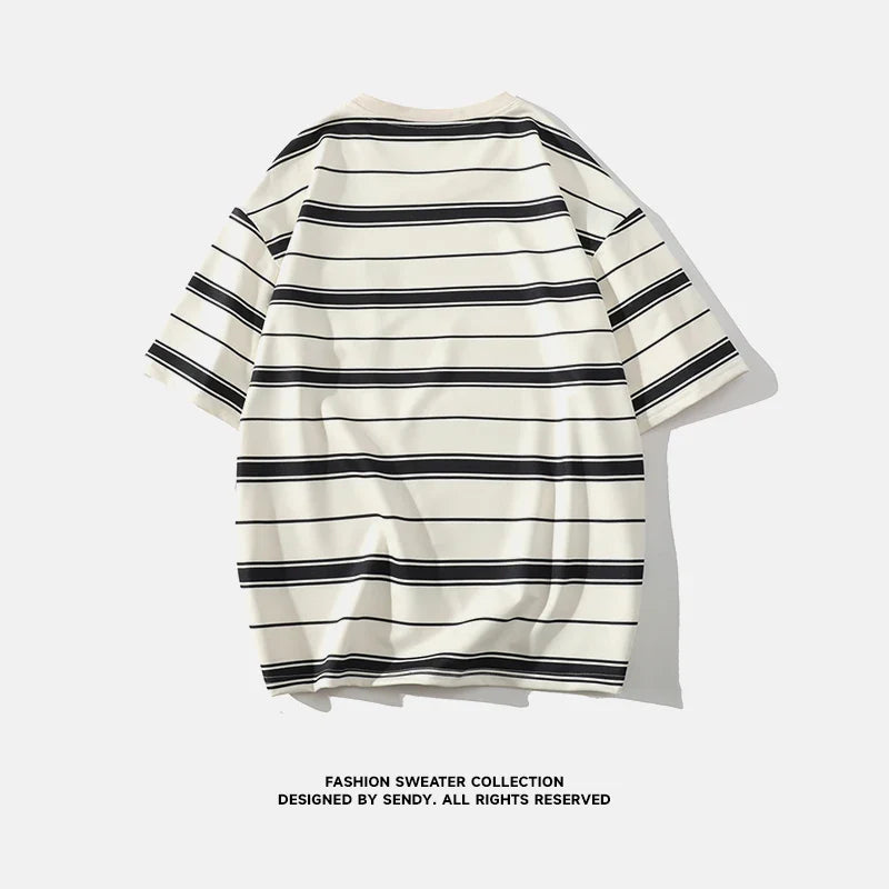 sanyamk Summer New Vintage Striped Printing Pocket Tee Homme Half Sleeve Loose Casual Fashion T-shirt Male Japanese Style Pullover Top