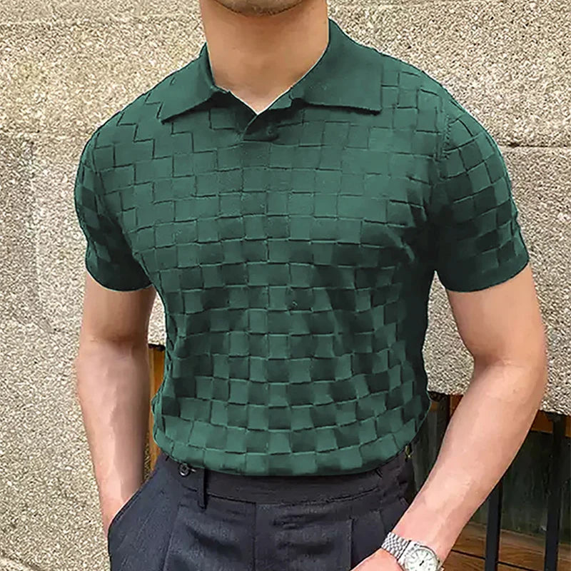 sanyamk Vintage Plaid Jacquard Knitted Polo T Shirts Men Summer Casual Breathable Thin Knit Tops Mens Knitwear Fashion Slim Polo Shirts