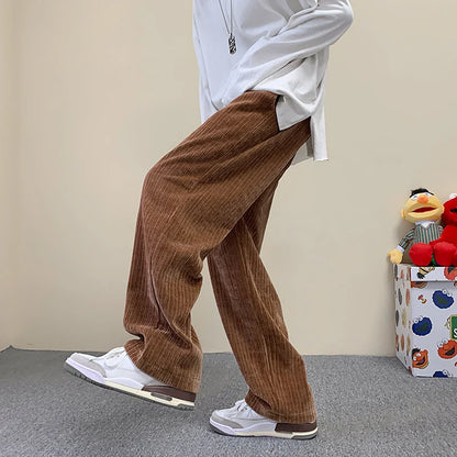 Bonsir Korean Fashion Corduroy Men's Casual Pants White Loose Straight Wide Leg Pants Spring New Street Casual Sports Pants 3XL