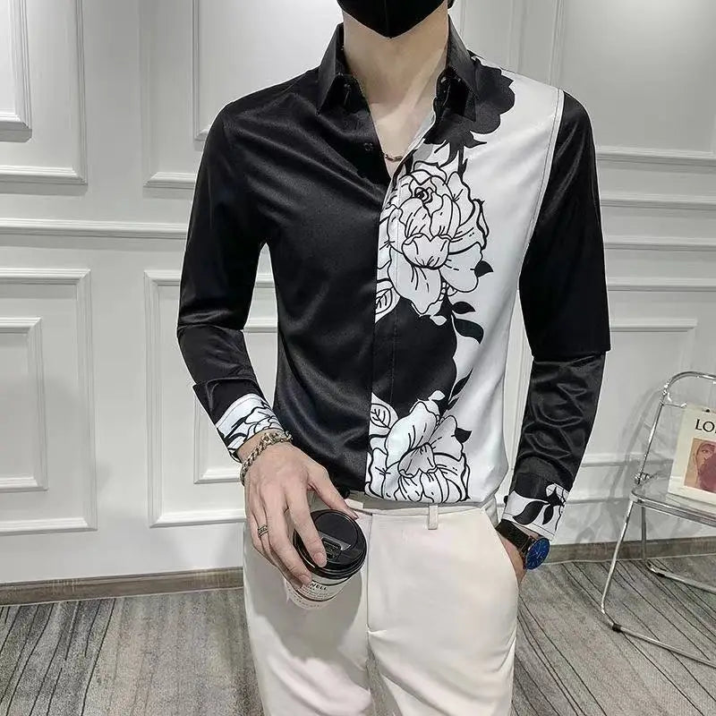 sanyamk Spring Autumn Korean Fashion Contrast Color Loose Casual Shirt Hombre Long Sleeve Printed Patchwork Blouse Male Buttons Tops Men