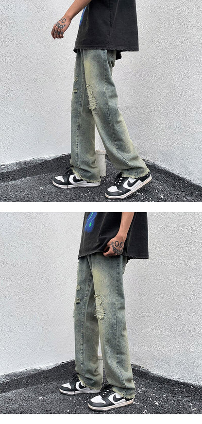 Bonsir Blue green Ripped Vintage Man's Distressed Jeans Streetwear Hole Hip Hop Jean Pants Summer Fashion Straight Denim Trousers