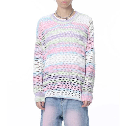 sanyamk Mens Y2k Colorful Striped Casual Knitted Sweater 2024 New Autumn Winter Genderless Fashion Hollow Loose Versatile Sweater Unisex