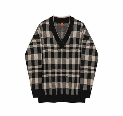 sanyamk Korean Fashion Vintage V-neck Plaid Sweater Male Autumn and Winter Casual Loose Men's V-neck Knitted Sweater for Men Pullover