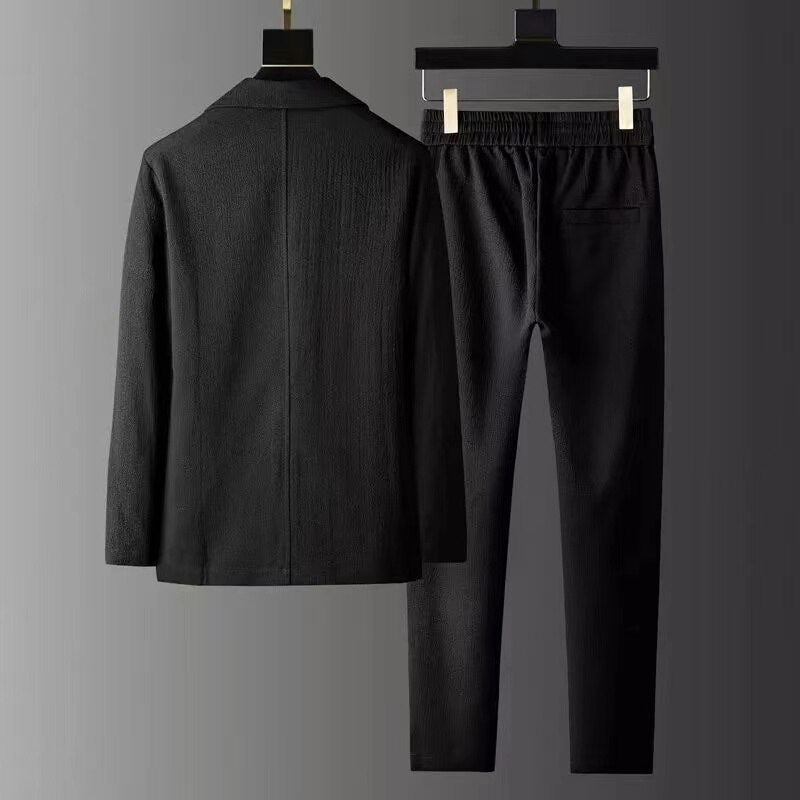 sanyamk Spring Autumn Pleated Sets Men Fashion Casual Solid Long Sleeve Blazer And Trousers Two-piece Men Suits Korean Loose Clothing