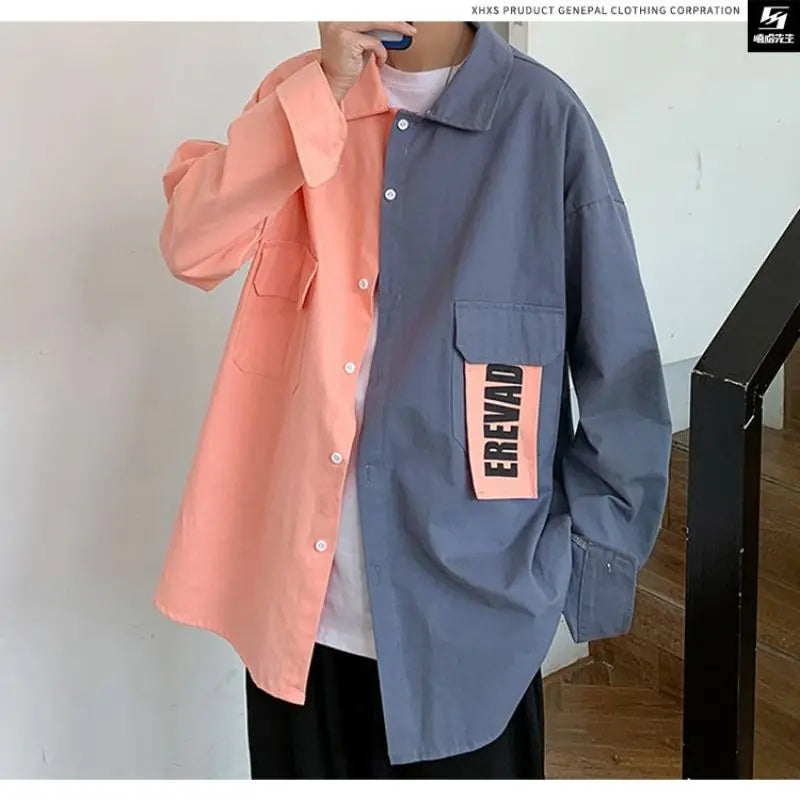 sanyamk  New Spring and Autumn Leisure Simple Flip Collar Letter Print Panel Contrast Loose Oversized Long Sleeved Men's Shirt Coat