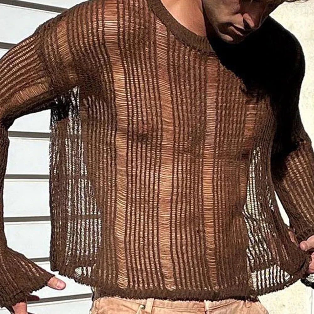 Bonsir New Arrivals 2024 Audumn Sexy Hollow Mesh Knit T-shirts Men Streetwear Pullovers Solid Long Sleeve Crew Neck Tees Mens Clothing