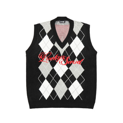 sanyamk High Street Contrast Color Geometric Letter V Neck Sleeveless Sweater Men and Women Retro Pullover Loose Knitted Vest Clothes