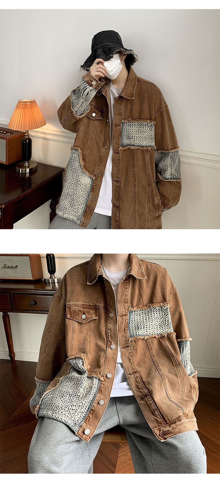 sanyamk Autumn Men Patchwork Denim Jackets Male Loose Coat Retro Streetwear Casual Couple Jacket Ins Tide Jackets Denim Brown/Green