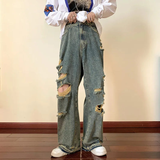 sanyamk Men's Torn Jeans American Street Hip-hop Baggy Pants Spring and Autumn Thin Women's Hip-hop Baggy Pants Y2k Hombre