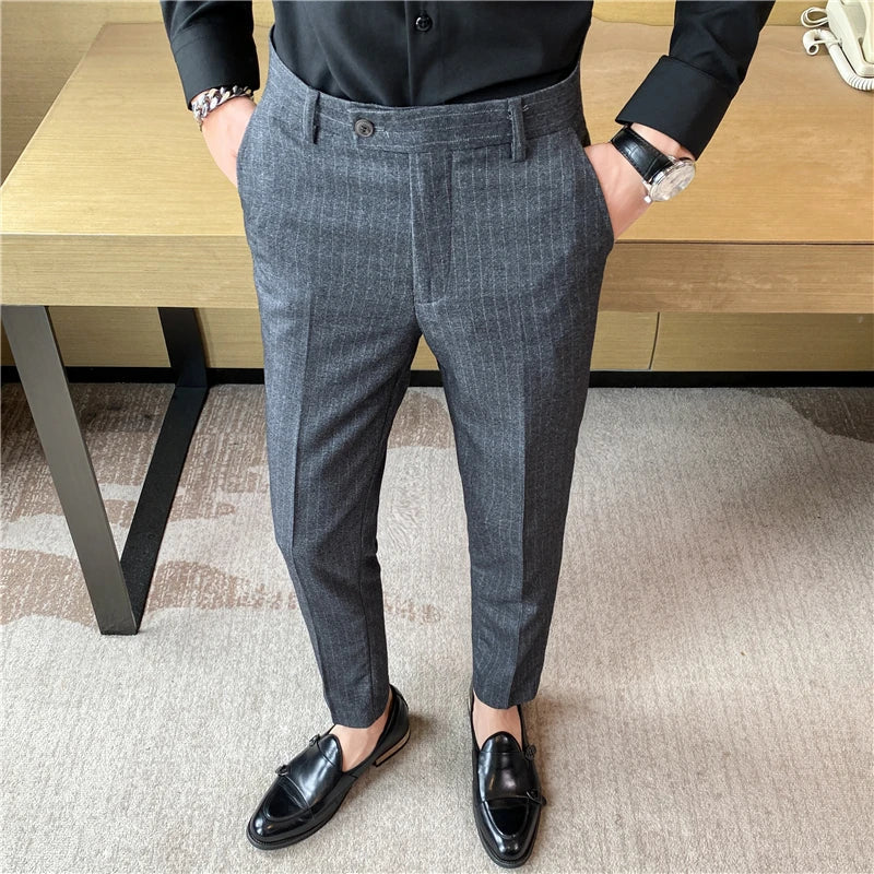 sanyamk Men's Spring Autumn New Fashion Business Casual stripe Suit Trousers Male Solid Color Straight Pants Men Loose Cotton Pants