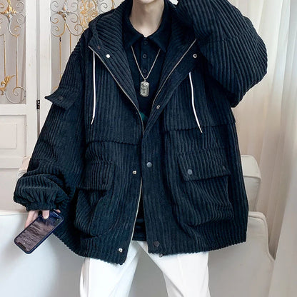 sanyamk Corduroy Men Cargo Jackets Autumn Outerwear Male Multi-pocket Hooded Coat Mens Jacket Korean Fashion Windproof Tops Streetwear