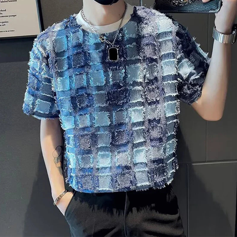 sanyamk  - 2024 Summer Vintage Plaid Crochet Mens T Shirt Short Sleeve O Neck Pullover Top Men Fashion Slim Fit T-shirts 
Men's Streetwear