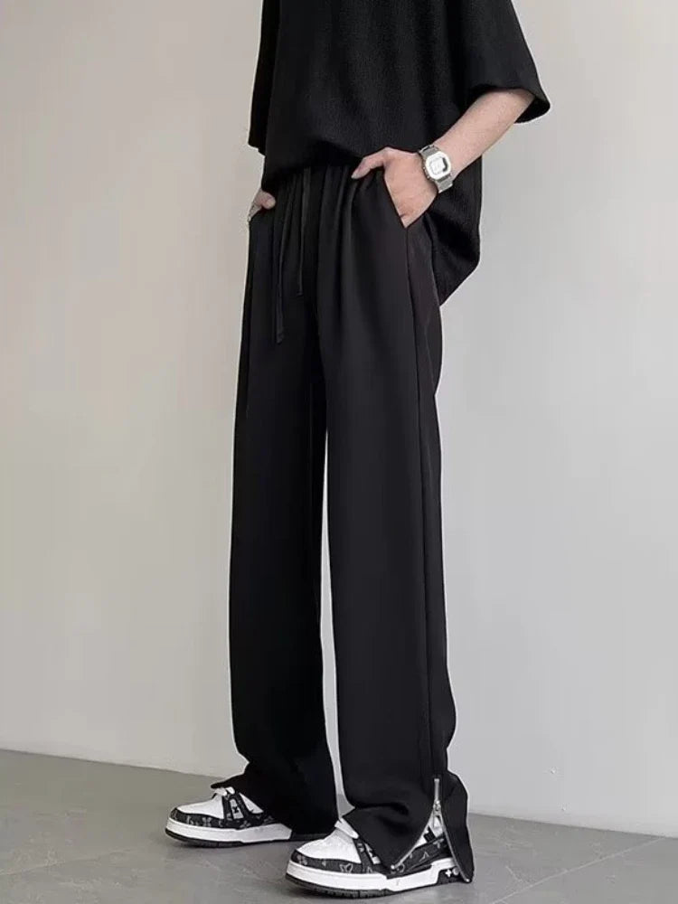 Bonsir Sid-Slit Pants Men Solid Simple Japanese Style Fashion Wide Leg All-match Pockets Harajuku Leisure Streetwear Baggy Pantalones