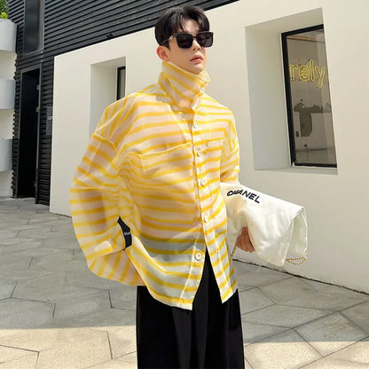 sanyamk 2024 Spring Summer Stylish Loose Stripe Translucent Design Casual Shirt Jacket Men's Sunscreen Clothes Tops Beach