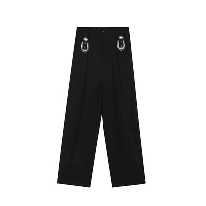 sanyamk Men Metal Button Loose Casual Wide Leg Suit Pants Net Celebrity Male Straight Fashion Vintage Floor Trouser Stage Clothing