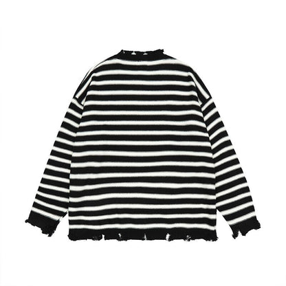 sanyamk Retro Frayed Contrast Color Striped Round Neck Men's Sweaters Ripped Hip Hop Harajuku Oversized Pullover Couple Autumn Clothes