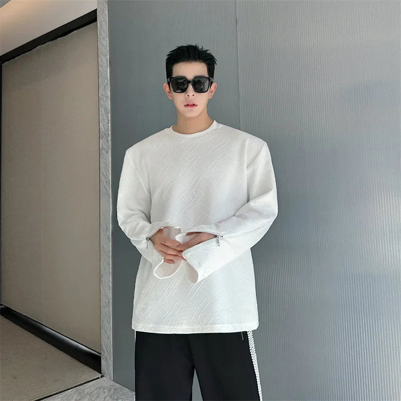 sanyamk  -   Men Sweatshirts Korean Fashion Jacquard Pattern Cuffs Split Zippers 2024 Spring Round Neck Casual Long Sleeve Male Tops