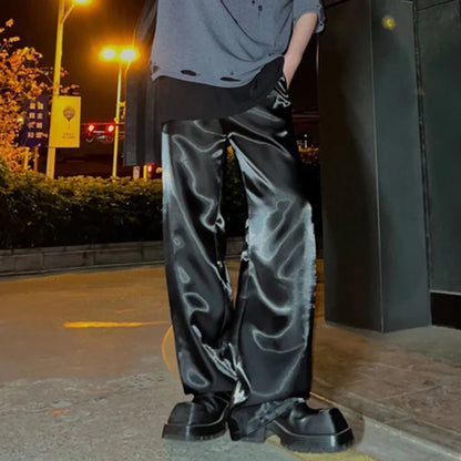 Bonsir 2024 Autumn Mens Wear Glossy Solid Color Satin Loose Casual Trousers Drape Wide Leg Stage Unisex Straight Leg Pants Streetwear