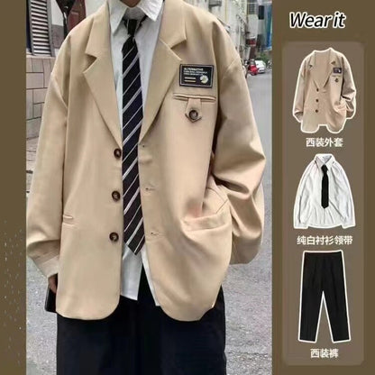 sanyamk Men's Streetwear Suit Jackets Casual Fashion Single Western-style Clothes Blazers Khaki/black Color Coats Plus Size S-3XL