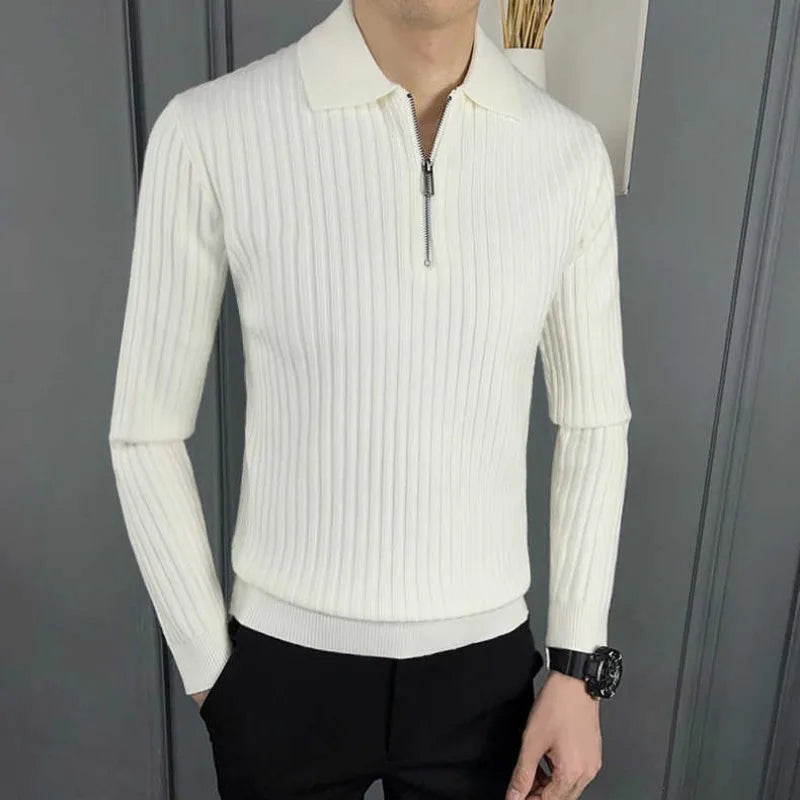 sanyamk Men's Autumn Winter Fashion Casual Solid Color Pullover POLO Neck Half Zip Versatile Long Sleeve Slim Fit Sweater Knitted Tops