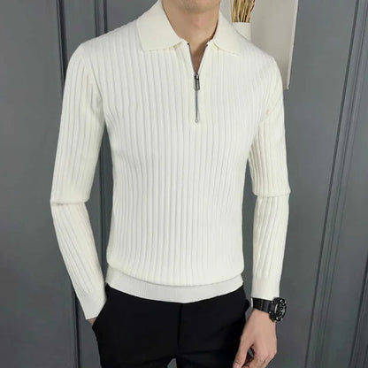 sanyamk Men's Autumn Winter Fashion Casual Solid Color Pullover POLO Neck Half Zip Versatile Long Sleeve Slim Fit Sweater Knitted Tops