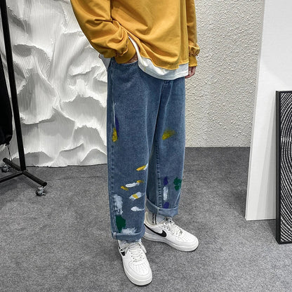 sanyamk Blue Denim Pants Men Graffiti Jeans New Straight Jean Pants Man Casual Baggy Neutral Denim Trousers Men's and Women's Pants