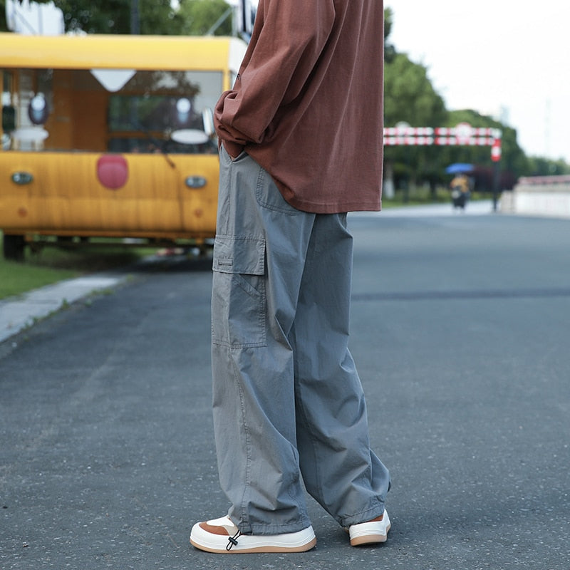 Bonsir Vintage Cargo Pants Men Fashion Streetwear Pockets Wide Leg Straight Y2k Casual Trousers Baggy Drawstring Overalls Black/Gray