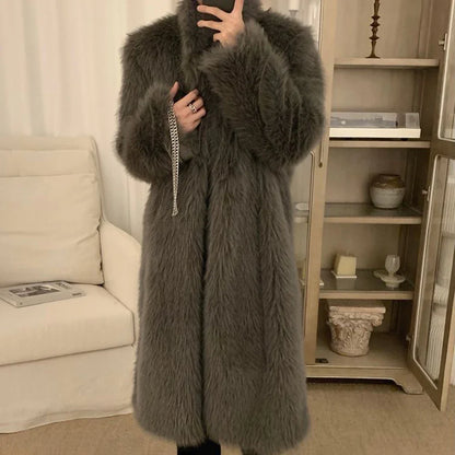 Bonsir Imitation Fox Fur Coat For Men New Autumn Winter Warm Thickened Long Fashion Elegant Solid Simple Loose Stand-Up Coat