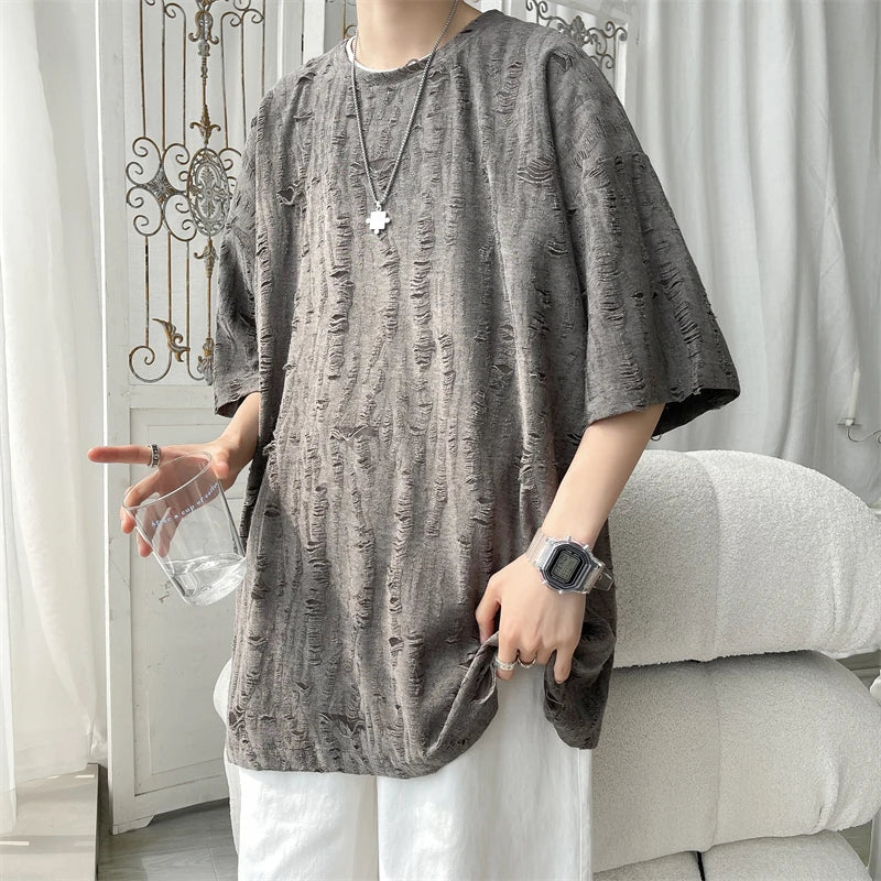 sanyamk  -  Summer Chic Fashion Casual Holes Short Sleeve T-Shirts For Men Clothing 2024 O-Neck Loose Casual Tee Shirt Homme Streetwear