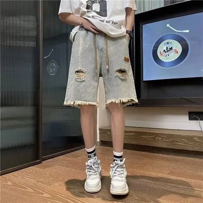 sanyamk Harajuku Trendy Youth Fashion Ins Men's Denim Shorts Artistic Holeed Loose-fit New Style Summer Season Other Pattern