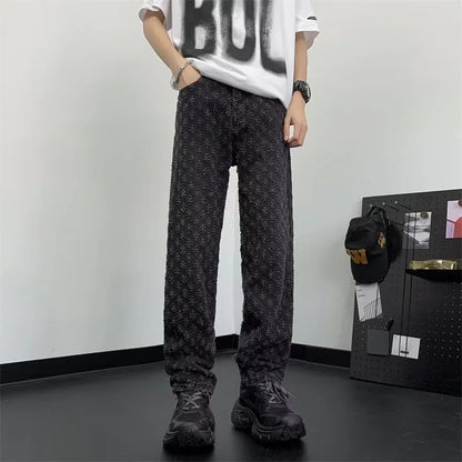 sanyamk Jacquard Pattern JEANS MEN 2024 NEW  Denim Pants Male Straight Fitting Baggy Bottoms Distressed Wide Jeans For Men