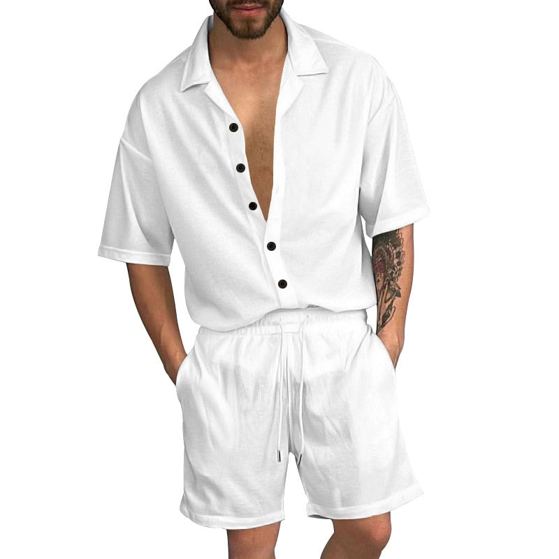 Bonsir Summer Two Piece Mens Sets Solid Color Loose Short Sleeve Lapel Button Shirt And Shorts Suits Men Streetwear Casual Outfits