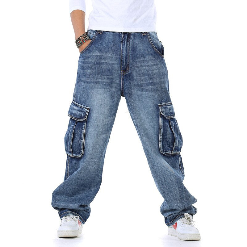 Bonsir Plus Size 46 Multiple Pockets Cargo Jeans Men Loose Hip Hop Jeans Streetwear Skateboard Baggy Denim Trousers Male