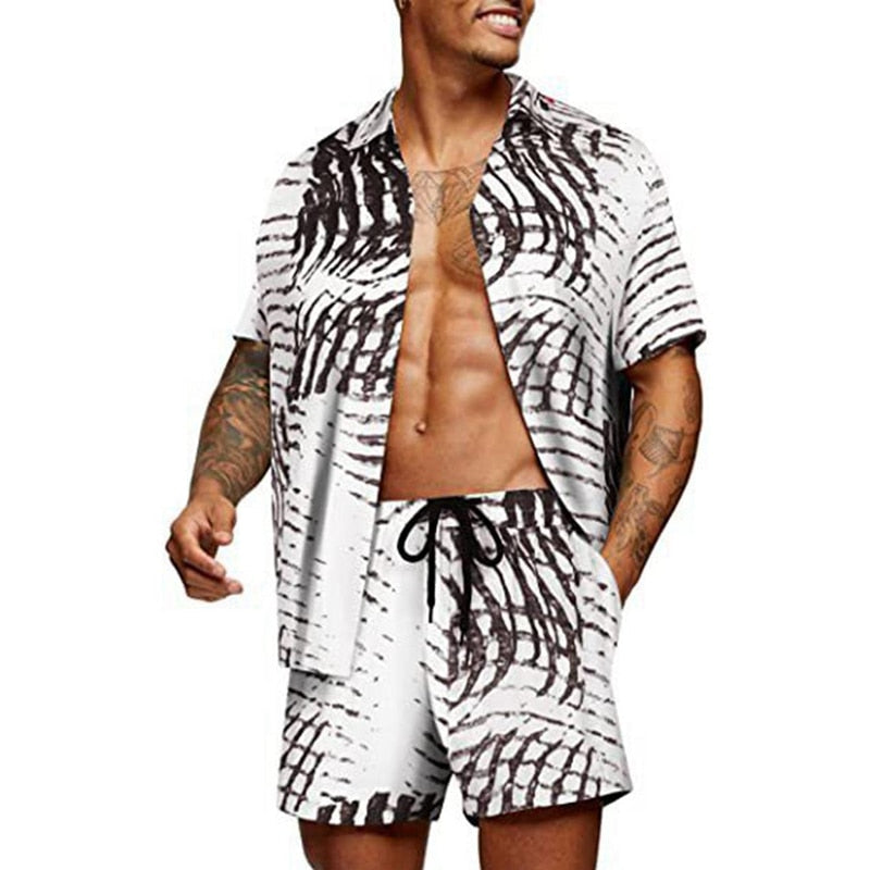 Bonsir Vintage Striped Print Shirts Mens Two Piece Sets Summer Short Sleeve Beach Shirt And Loose Shorts Men Suits Fashion Streetwear