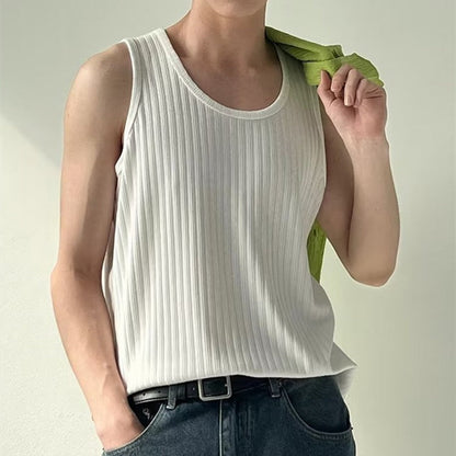 Bonsir Leisure Pure Color Ribbed Tank Tops Men Fashion Loose O Neck Sleeveless Camisole New Summer Streetwear Mens Casual Sports Vest