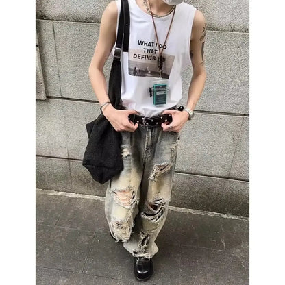 sanyamk American hip-hop street loose vintage washed hole straight leg jeans for men and women trendy and personalized casual pants y2k