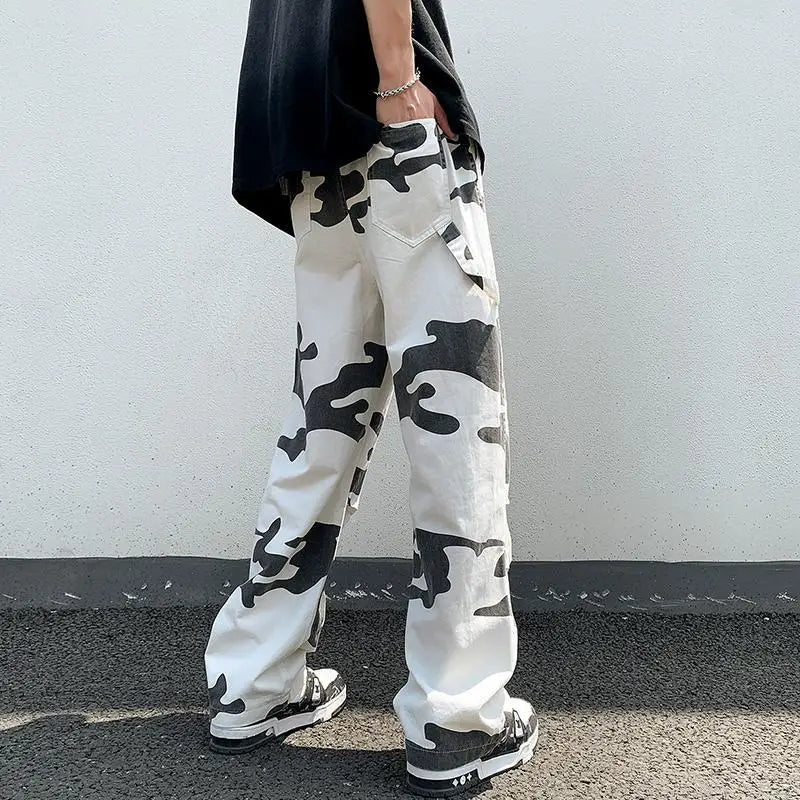 sanyamk American Trend Vintage Summer Casual Cargo Pants Men Print Elastic Waist Drawstring High Street Loose Straigh Wide Leg Trousers