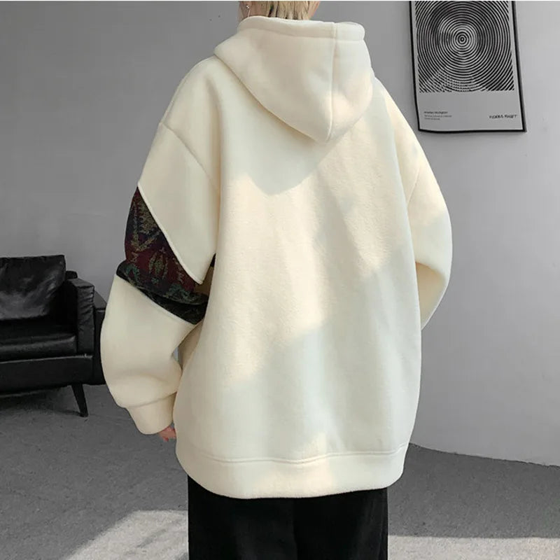 sanyamk  -  Korean Style Patchwork Men's Hoodie Contrast Color Pockets Casual Warm Male Fleece Sweatshirts  2024 Autumn Winter 9C8850