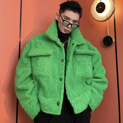 sanyamk Green Padded Winter Men's Jacket Fleece Lamb Wool Thickened Short Coat Male Y2K Top Plush Warm Korean Streetwear Hip Hop