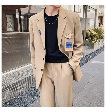 Bonsir Mens Suits Sets Jacket Pant Men Korean Streetwear Office Fashion Loose Casual Blazer Suit Jacket Pant Chic Trend Dress Suits