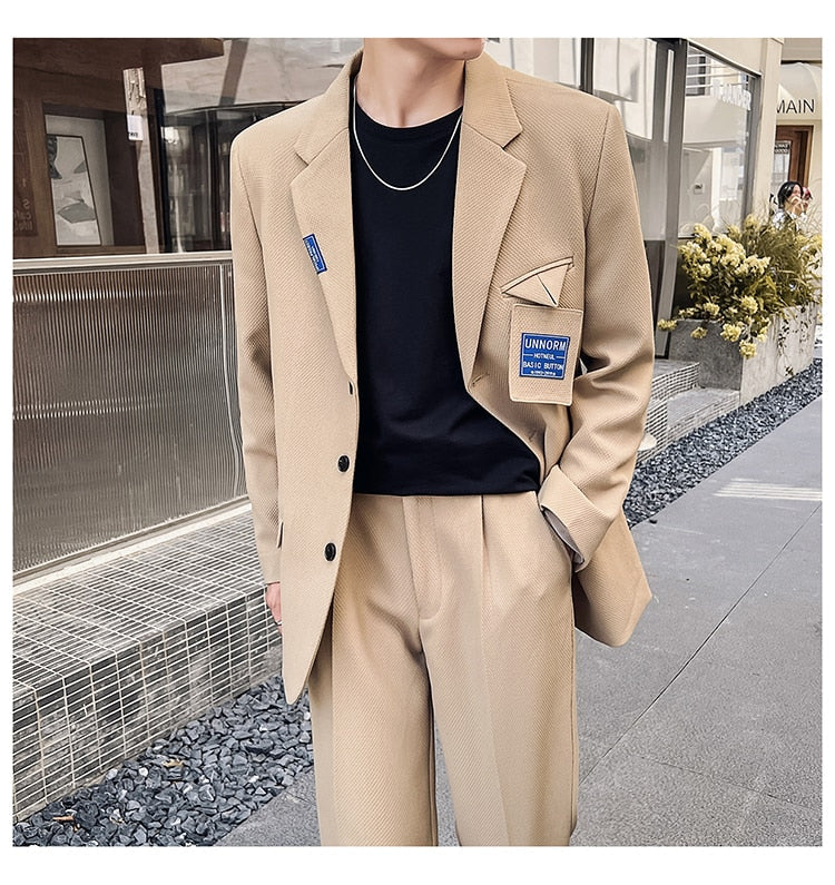 sanyamk Mens Suits Sets Jacket Pant Men Korean Streetwear Office Fashion Loose Casual Blazer Suit Jacket Pant Chic Trend Dress Suits