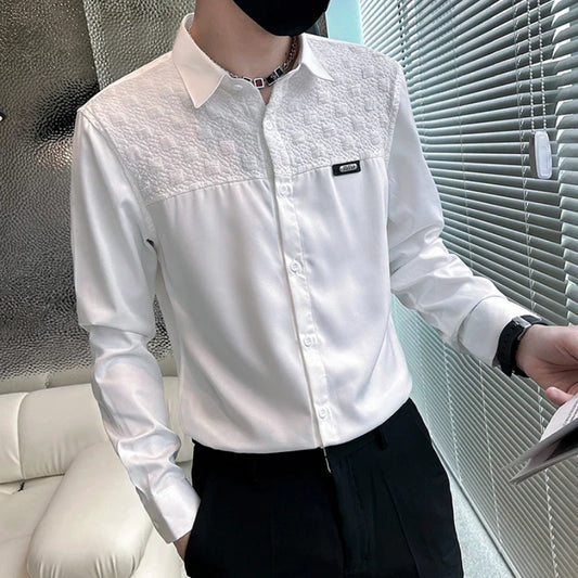 Bonsir Autumn Checkered Patchwork Men's Shirt Korean Fashion Slim Fit Long Sleeved Casual Shirts Streetwear Social Party Tuxedo